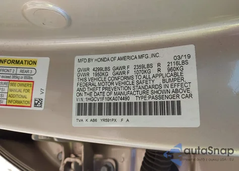 2019 Honda Accord Lx from USA, damaged, VIN 1HGCV1F10KA074490